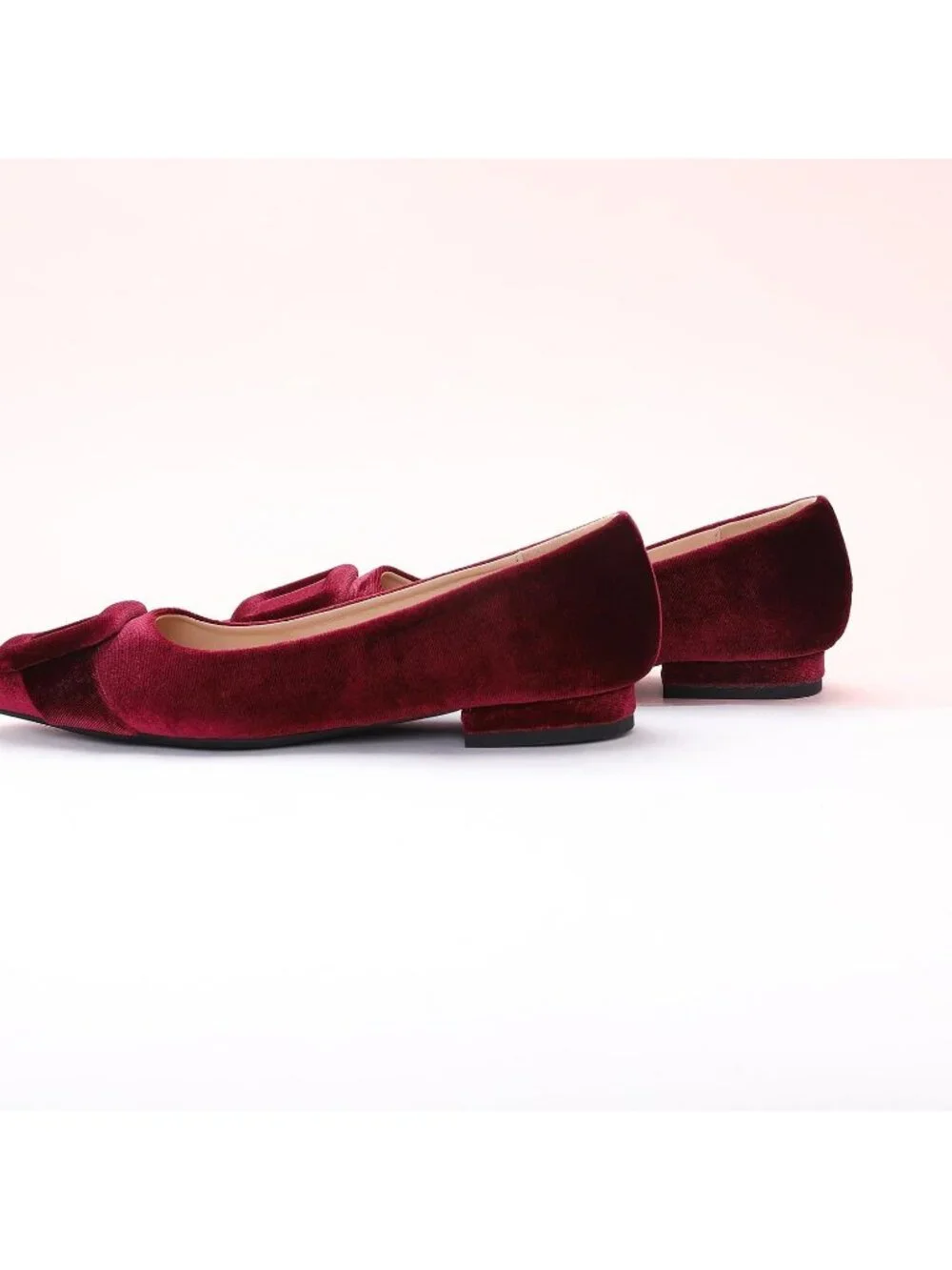 Women's Velvet Claret Pointed Toe Square Buckle Flats Slip-On Comfortable Shoes